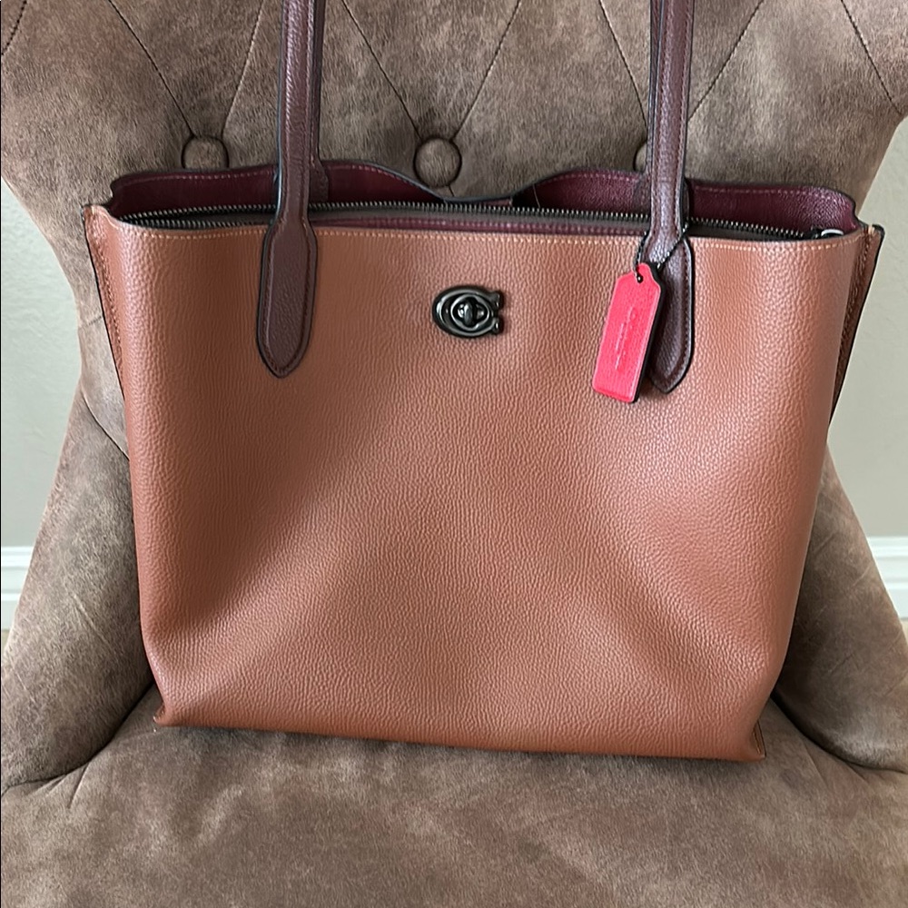 Coach brown red Leather laptop tote